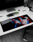 Itachi Uchiha close-up anime desk pad 36x16 inches with calm tired eyes and sketchy line art.