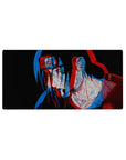 32x16 inches anime mouse pad with red-blue offset Itachi portrait on black, sketchy linework details.
