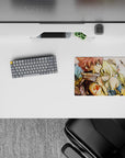 Warm ink-wash anime mouse pad 14x10 inches in dusty ruins tones, orange emblem, tender battle-worn mood.