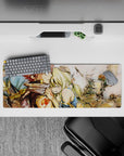 32x12 inches anime mouse pad in warm ink washes, dusty stone ruins tones, bright orange emblem, tender mood.