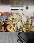 Warm ink-wash anime desk pad 40x20 inches in dusty ruins tones, soft skin hues, smoky battle-worn mood.