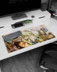 Natsu and Lucy in ruined stone scene anime mouse pad 32x16 inches, scarf close and trembling smile.
