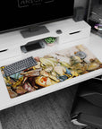 Natsu and Lucy in ruins scene anime desk pad 36x16 inches, scarf close and blond ponytail smile.
