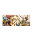 Fairy Tail anime mouse pad 28x12 inches with Natsu and Lucy, orange guild emblem, hand-drawn lines.