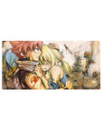 Fairy Tail anime mouse pad 32x16 inches with Natsu and Lucy, hand-drawn look and orange emblem.