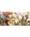 Fairy Tail anime desk pad 36x16 inches with Natsu and Lucy and bright orange guild emblem.