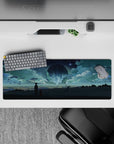 32x12 inches anime mouse pad in deep teal clouds and moonlit blues, dreamy calming nightscape.