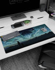 36x16 inches anime desk pad showing a quiet duo watching stars and light streaks over a wide horizon.