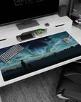 Two quiet figures watching a giant luminous orb in the stars on an anime desk pad 40x20 inches.