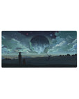 32x16 inches anime mouse pad with stargazing duo on a ridge under a glowing sphere and starry sky.