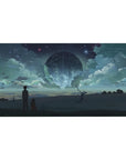 Anime desk pad 40x20 inches with two silhouettes on a ridge under a huge glowing star sphere.
