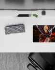 14x10 inches anime mouse pad in warm orange glow and deep shadows, smoky embers, calm heroic vibe.