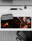 32x12 inches anime desk mat in warm orange glow with deep shadows, smoky embers, and calm intense vibe.