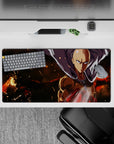32x16 inches anime mouse pad in warm oranges and deep shadows, smoky depth, calm intense vibe.