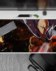 40x20 inches anime desk pad in warm orange glow and deep shadows, smoky action mood, clean bold lines.