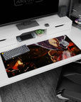 36x16 inches One Punch Man desk pad showing Saitama staring ahead as embers crackle behind his cape.