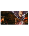 32x16 inches anime mouse pad with Saitama silhouette, flowing cape, embers backdrop, and bold red glove.
