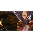 40x20 inches anime desk pad with Saitama silhouette, flowing cape, embers backdrop, red glove detail.