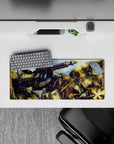 28x12 inches anime mouse pad in olive green and stone brown with pink mono-eye glow, gritty vibe.