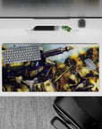 Olive armor, pink mono-eye glow, dusty canyon tones anime mouse pad 32x16 inches.