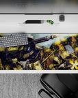 Olive armor, pink mono-eye glow, dusty green canyon tones anime desk pad 36x16 inches.