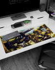 Zaku II squad firing in rocky canyon with bright muzzle flashes anime desk pad 36x16 inches.