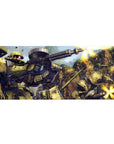 Mobile Suit Gundam Zaku II battle anime desk pad, canyon firefight art, 36x16 inches.
