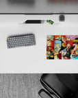 Red, orange, and sky-blue classic anime mouse pad 14x10 inches, bold and chaotic with fun accents.