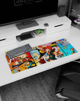 Spiky red-haired hero pointing out on anime mouse pad 32x12 inches, with pink-haired and silver warrior.
