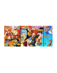 Collage-style anime mouse pad 28x12 inches with comic panels, heroes, goofy faces, and creatures.