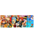 Collage-style anime mouse pad 32x12 inches with comic panels, heroes, and playful side scenes.