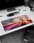 Anime mouse pad 32x16 inches featuring Alice from Sword Art Online with blush tones and sunset cityscape background.