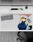 Cute kawaii mouse pad 32x16 inches in soft rainbow hair tones, pink horned cap, clean playful vibe.