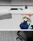 Pastel rainbow hair tips on a creamy white anime desk pad 36x16 inches, cute playful vibe with bold navy accents.