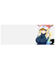 Anime girl mouse pad 32x12 inches with winking Tohru, creamy white background, pink horned cap.