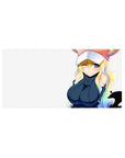 Anime girl mouse pad 32x16 inches with winking maid dragon on creamy white background, bold navy outfit.
