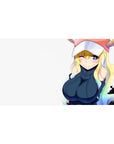 Anime girl desk pad 40x20 inches with winking dragon maid, pink horned cap, navy outfit on white.