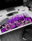 Anime mouse pad 40x20 inches with neon Tokyo skyline, lavender, magenta, and electric violet hues, cyberpunk vibes.