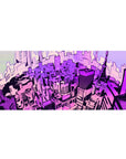 Anime mouse pad 36x16 inches featuring a neon-soaked Tokyo skyline with lavender, magenta, and electric violet hues.