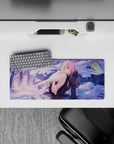 Winter dreamscape 28x12 mouse pad with Zero Two in a serene snowy scene, blending soft purples and golden sunset for an elegant yet whimsical design