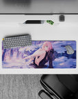 Serene 32x12 mouse pad with Zero Two in a winter dreamscape, blending soft purples and golden sunset hues for an elegant yet playful vibe