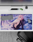 Elegant 32x16 mouse pad with Zero Two in a winter dreamscape, blending soft purples and golden sunset for a touch of mischief and beauty