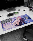 Serene 36x16 anime desk mat with Zero Two, set in a snowy dreamscape with soft purples and a golden sunset for a mischievous yet elegant design