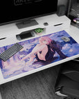 Elegant 40x20 anime desk mat featuring Zero Two from Darling in the Franxx, with soft purples and a golden sunset against a tranquil snowy backdrop