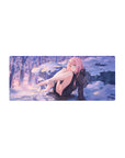 Zero Two 28x12 mouse pad from Darling in the Franxx, featuring her in a snowy winter dreamscape with soft purples and a golden sunset for a playful touch