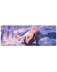 Zero Two 32x12 mouse pad from Darling in the Franxx, featuring her in a snowy scene with soft purples and golden sunset hues for a serene, mischievous design
