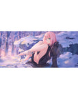 Zero Two 36x16 desk pad from Darling in the Franxx, showcasing her in a winter dreamscape with soft purples and a golden sunset for a touch of elegance and mischief