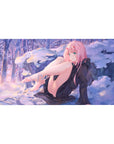 Zero Two 40x20 desk pad from Darling in the Franxx, featuring her against a serene snowy backdrop with soft purples and a golden sunset for an elegant yet mischievous vibe