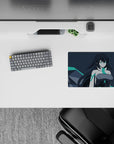 Cool teal and charcoal anime mouse pad 14x10 inches, cyber-future vibe with a calm, mysterious feel.