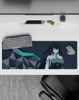 Teal-eyed cyber-future anime girl mouse pad 32x12 inches in cool teal, white, and charcoal tones.